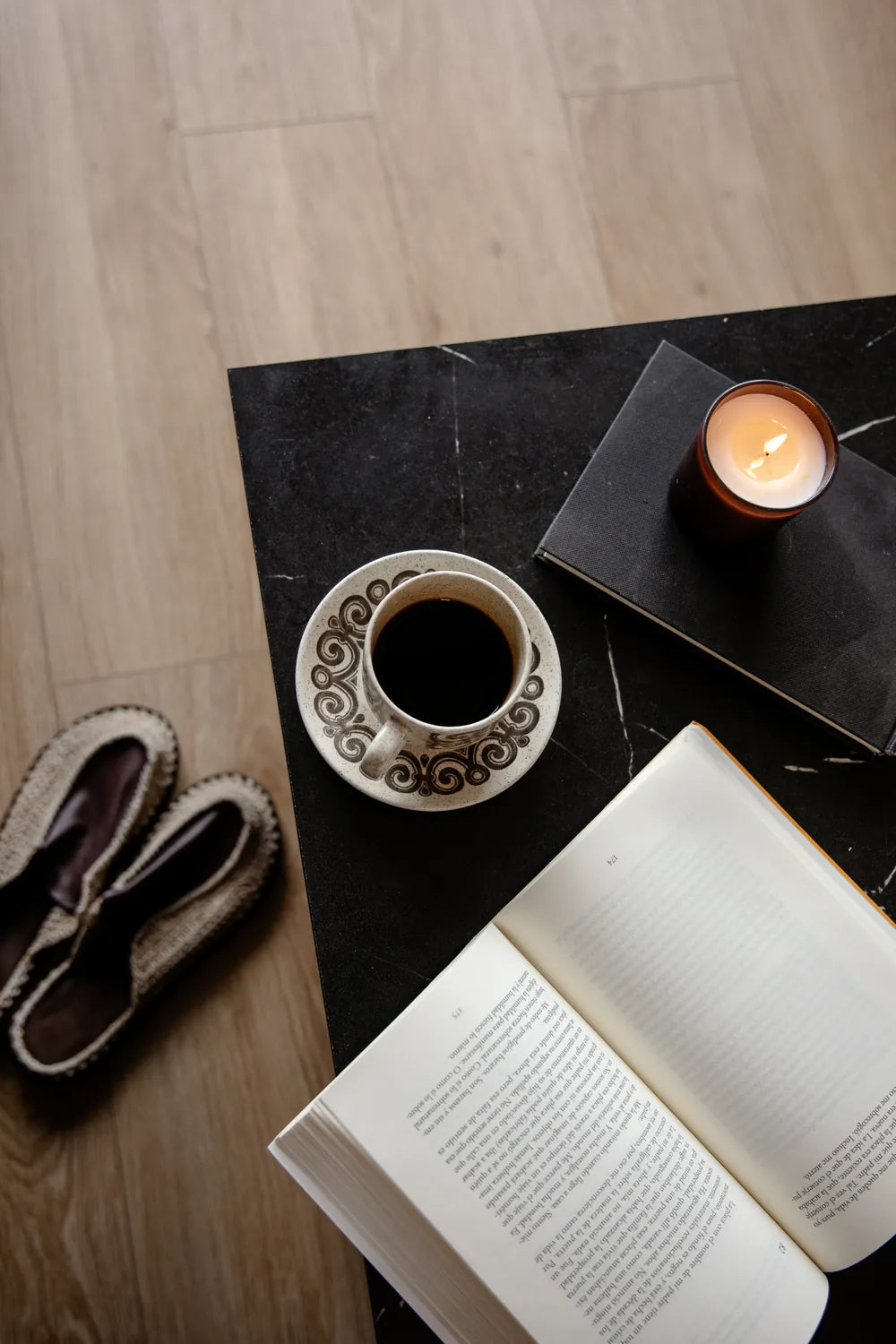 Coffee and a book on the table